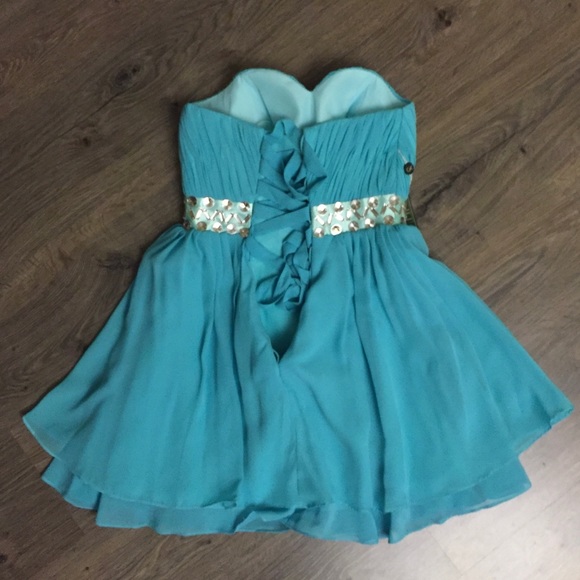 Aqua strapless cocktail dress with corset - Picture 3 of 3